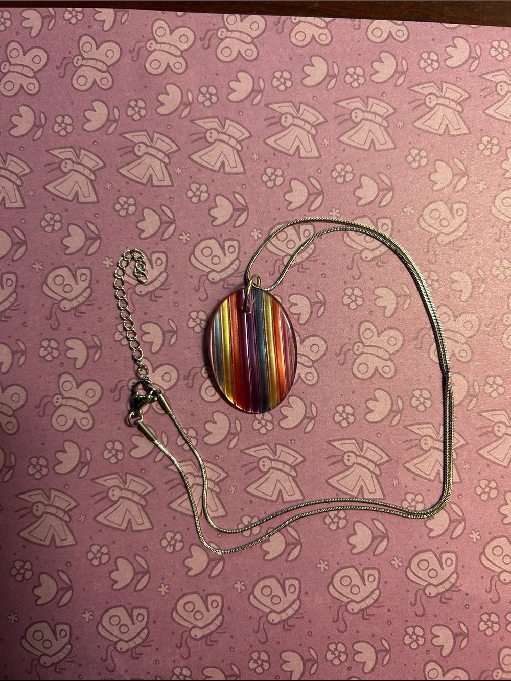 Multi-Color Striped Oval Pendant Necklace - Women Jewelry
